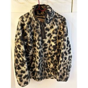 Cozy Sherpa large 1/4 zipper faux fur animal print pull over rn#83814 mob wife